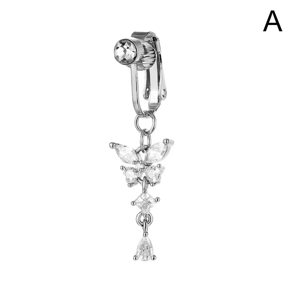 Fake Belly Butterfly Crystals Long Dangle Belly Button Rings Surgical Steel Navel Piercing Clip Umbilical Belly Body Jewelr