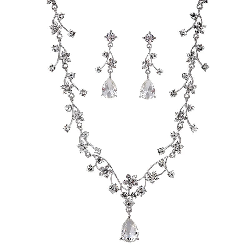 Gorgeous Waterdrop Flower Necklace Set for Women Elegant Choker Necklaces Earring Bridal Wedding Jewelry Sets Fashion