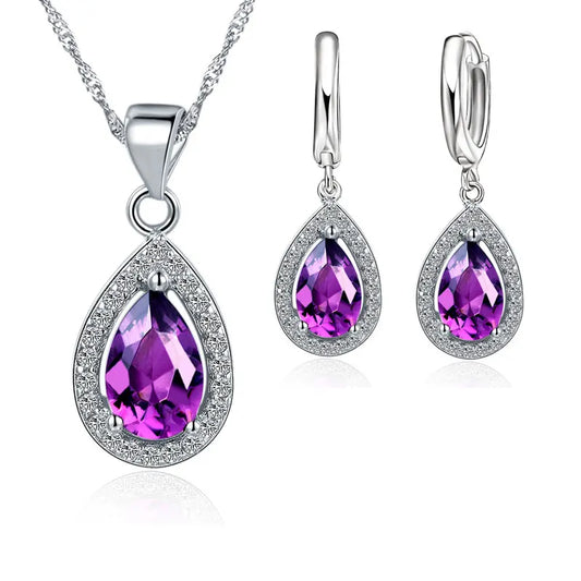 Classic 925 Sterling Silver Color Women Waterdrop Crystal Pendant Necklaces Drop Earring Set Wedding Bridal Jewelry Sets