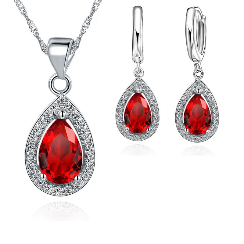 Classic 925 Sterling Silver Color Women Waterdrop Crystal Pendant Necklaces Drop Earring Set Wedding Bridal Jewelry Sets