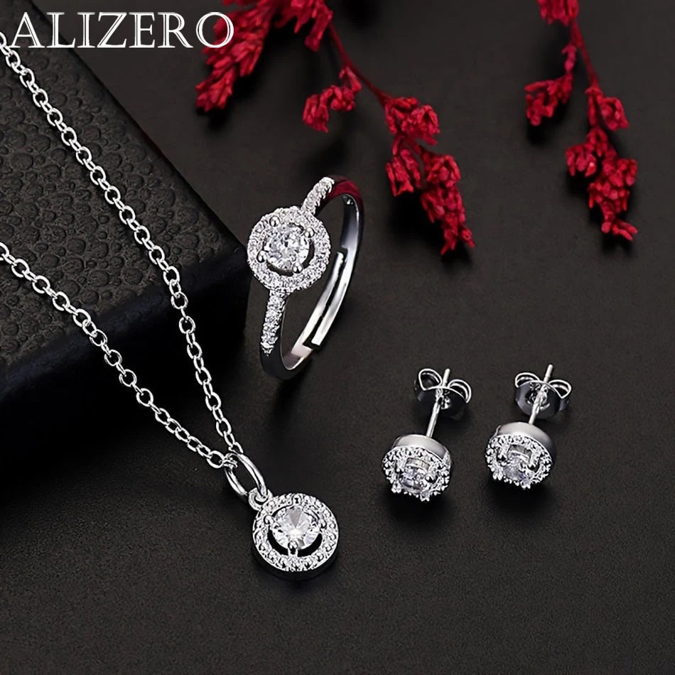 ALIZERO 925 Sterling Silver Crystal Pendant Necklace Earrings Ring For Women Fashion Party Wedding Accessories Gift Jewelry Set
