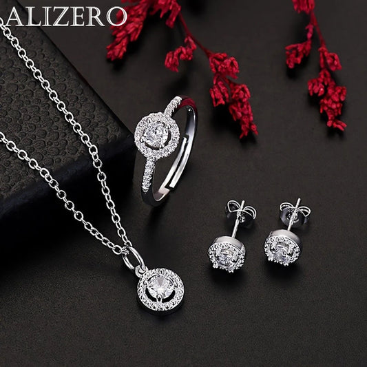 ALIZERO 925 Sterling Silver Crystal Pendant Necklace Earrings Ring For Women Fashion Party Wedding Accessories Gift Jewelry Set