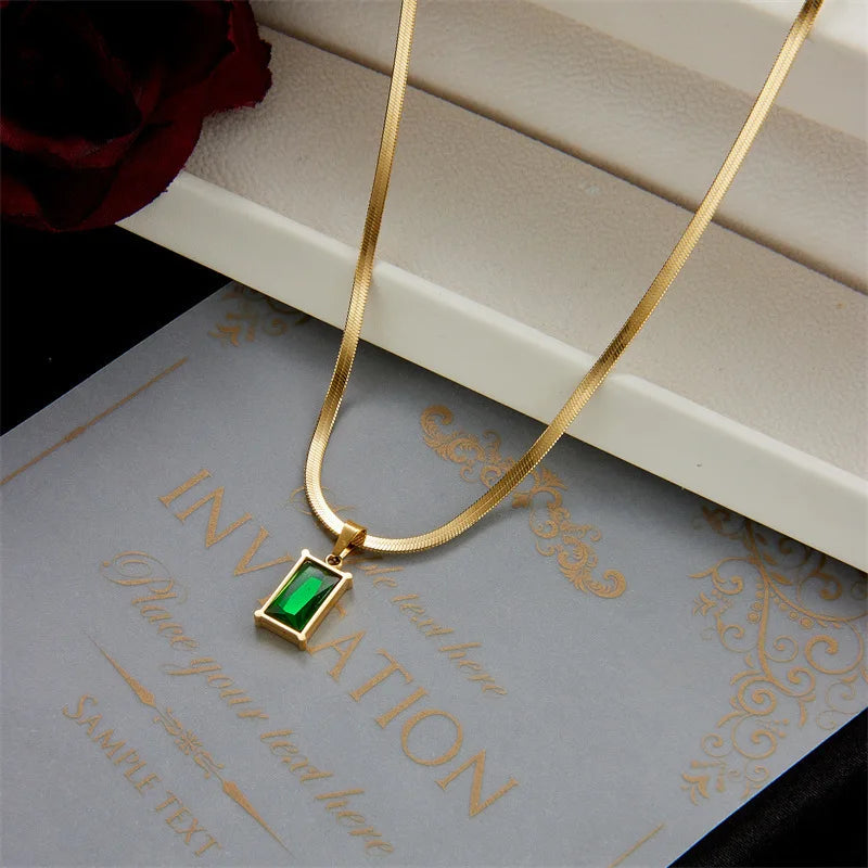 AKOL 316L Stainless Steel Rectangle Green Crystal Zircon Pendant Necklace Earrings For Women Fashion Party Jewelry Set