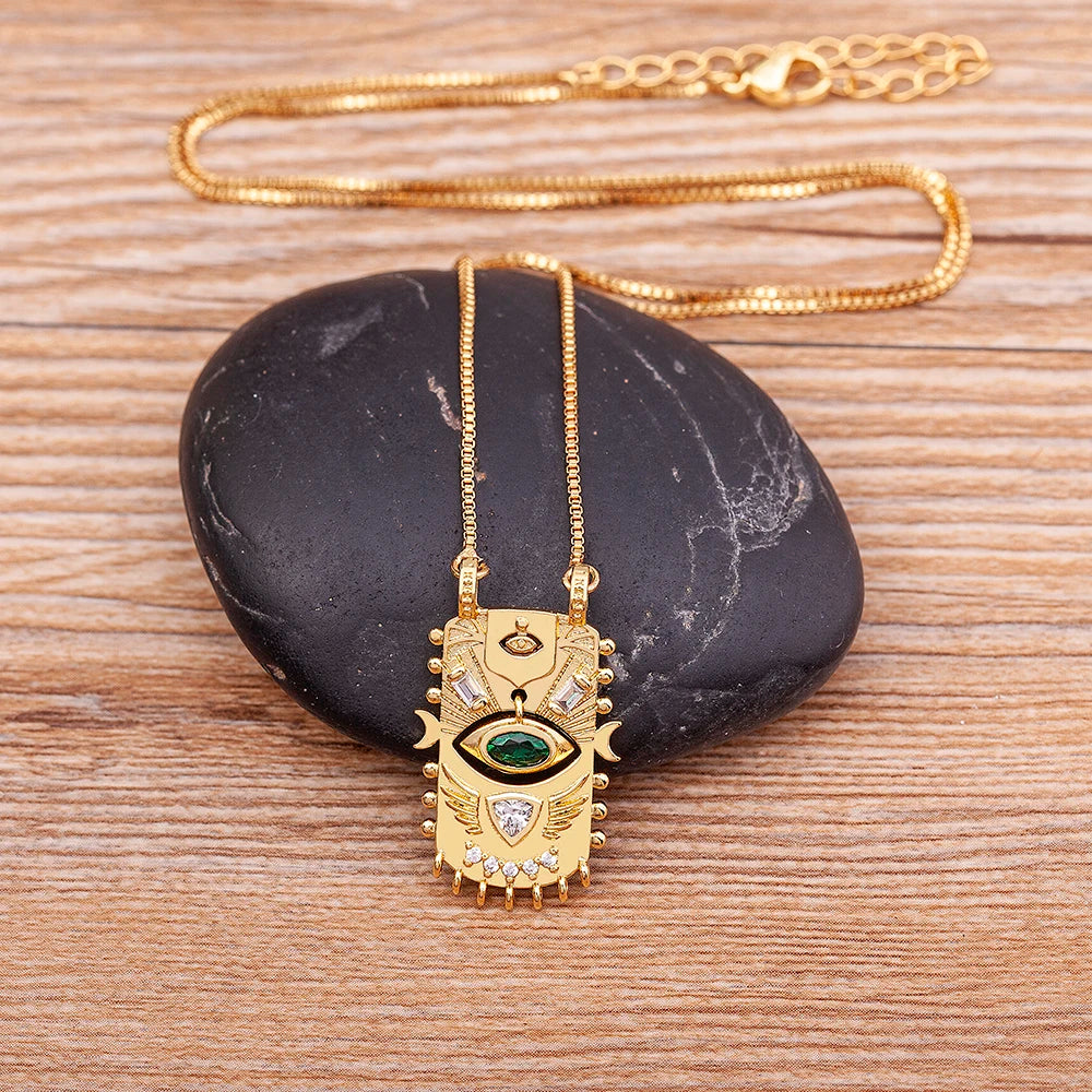 AIBEF New Trend Geometric Square Inlaid Lucky Evil Eye Gold Pendant Zircon Necklace Women's Punk Rock Jewelry Personalized Gift