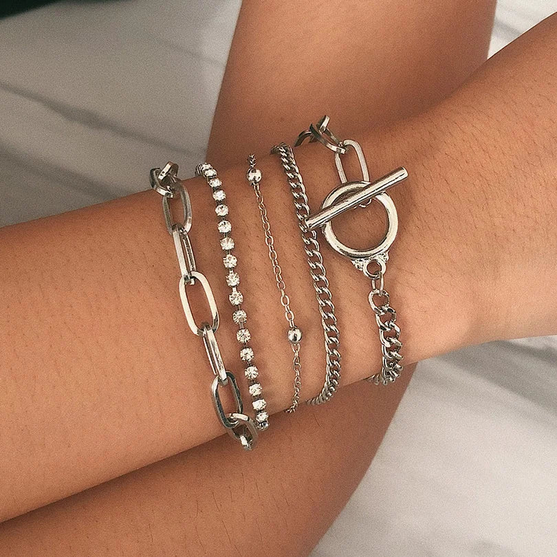 4pcs Punk Curb Cuban Chain Bracelets Set for Women Simple Thick Gold Color Charm Bracelets Fashion Jewelry Accessories New