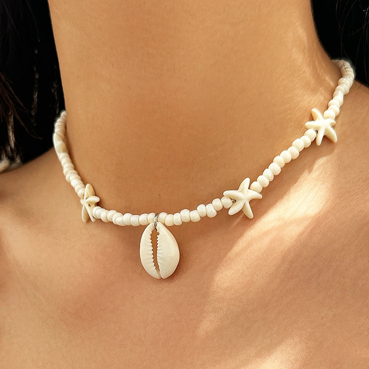 IngeSight.Z 2024 Starfish Choker Necklace for Women Men Trending White Rice Beads Clavicle Chain Necklace Summer Beach Jewelry