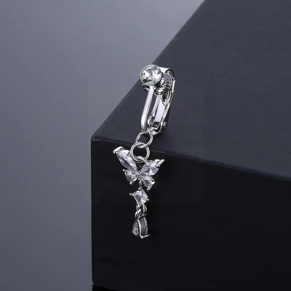Fake Belly Butterfly Crystals Long Dangle Belly Button Rings Surgical Steel Navel Piercing Clip Umbilical Belly Body Jewelr