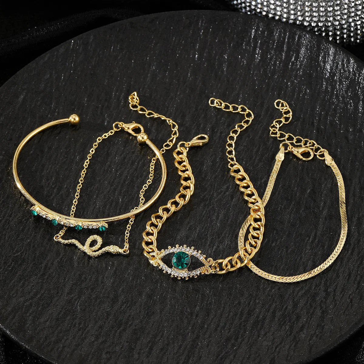 4Pcs Vintage Round Green Zircon Personality Snake Simple Metal Bracelet Set for Women Statement Open Cuff Bangles Party Jewelry