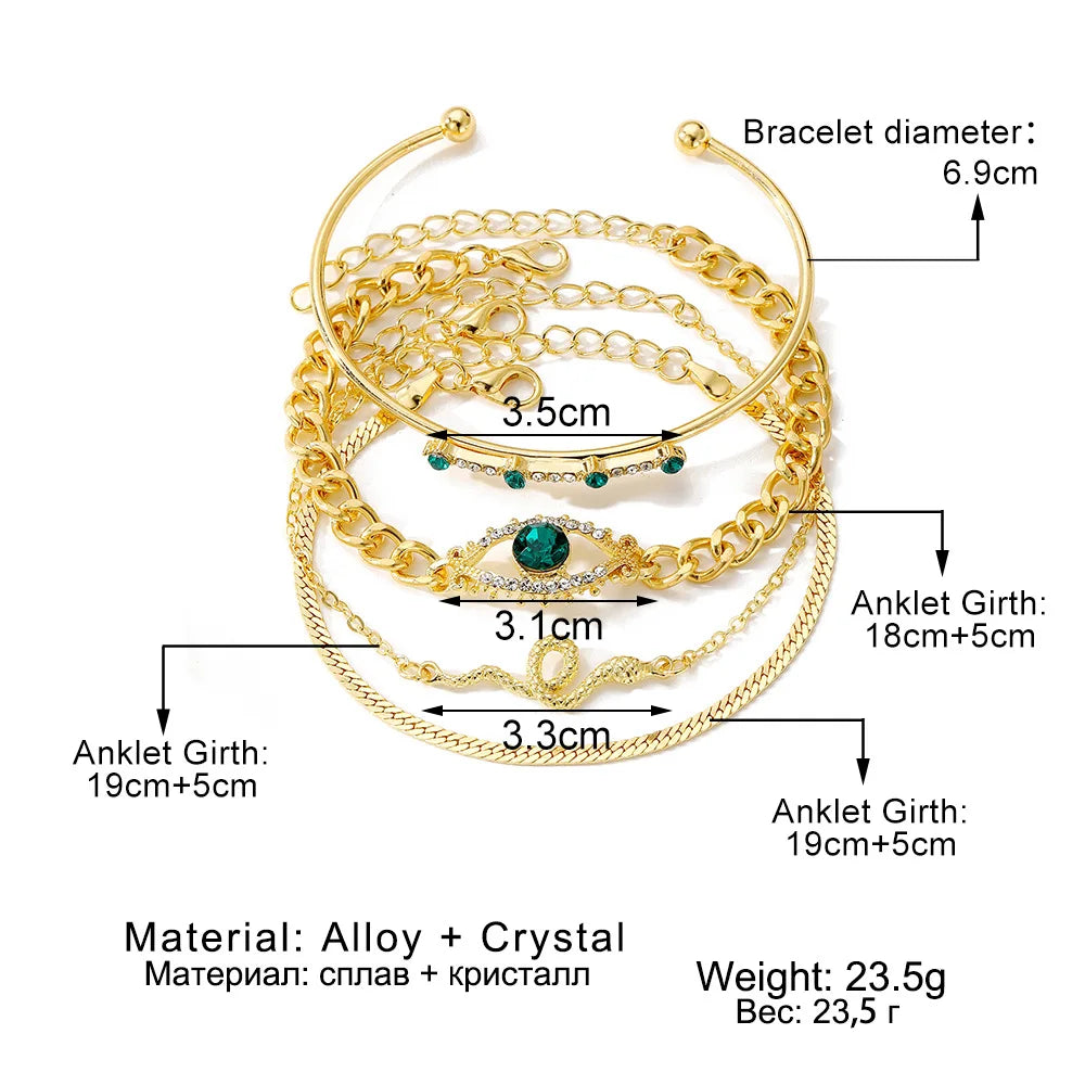 4Pcs Vintage Round Green Zircon Personality Snake Simple Metal Bracelet Set for Women Statement Open Cuff Bangles Party Jewelry