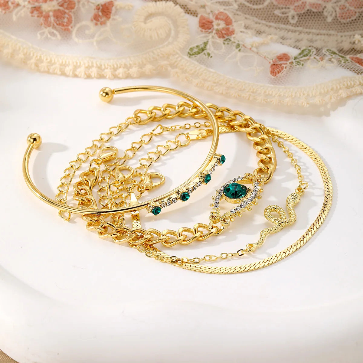 4Pcs Vintage Round Green Zircon Personality Snake Simple Metal Bracelet Set for Women Statement Open Cuff Bangles Party Jewelry