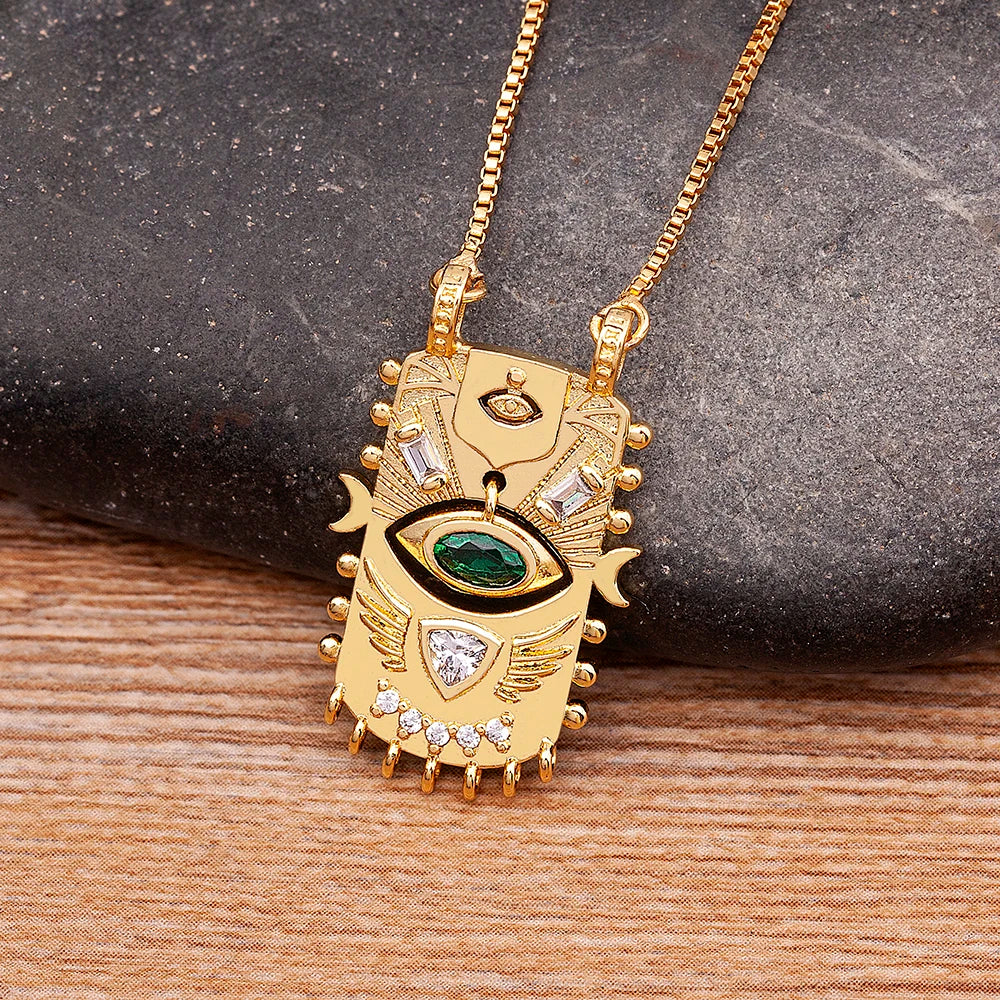 AIBEF New Trend Geometric Square Inlaid Lucky Evil Eye Gold Pendant Zircon Necklace Women's Punk Rock Jewelry Personalized Gift