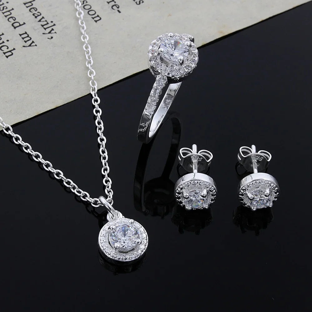 ALIZERO 925 Sterling Silver Crystal Pendant Necklace Earrings Ring For Women Fashion Party Wedding Accessories Gift Jewelry Set