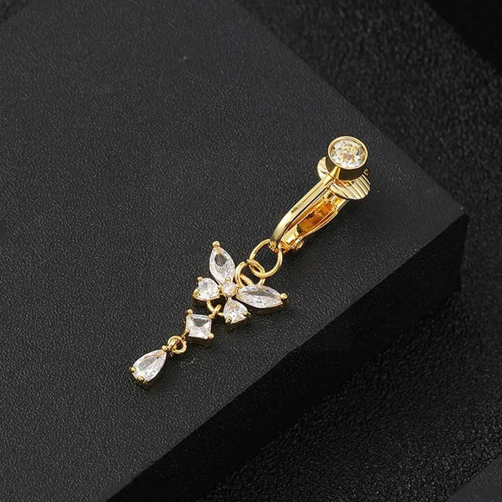 Fake Belly Butterfly Crystals Long Dangle Belly Button Rings Surgical Steel Navel Piercing Clip Umbilical Belly Body Jewelr