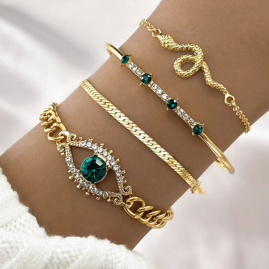 4Pcs Vintage Round Green Zircon Personality Snake Simple Metal Bracelet Set for Women Statement Open Cuff Bangles Party Jewelry