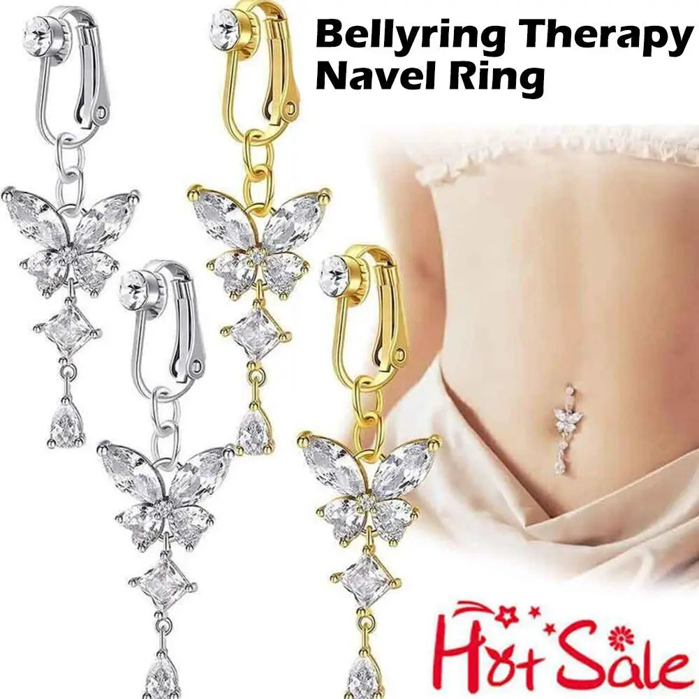 Fake Belly Butterfly Crystals Long Dangle Belly Button Rings Surgical Steel Navel Piercing Clip Umbilical Belly Body Jewelr