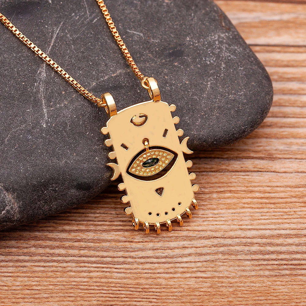 AIBEF New Trend Geometric Square Inlaid Lucky Evil Eye Gold Pendant Zircon Necklace Women's Punk Rock Jewelry Personalized Gift