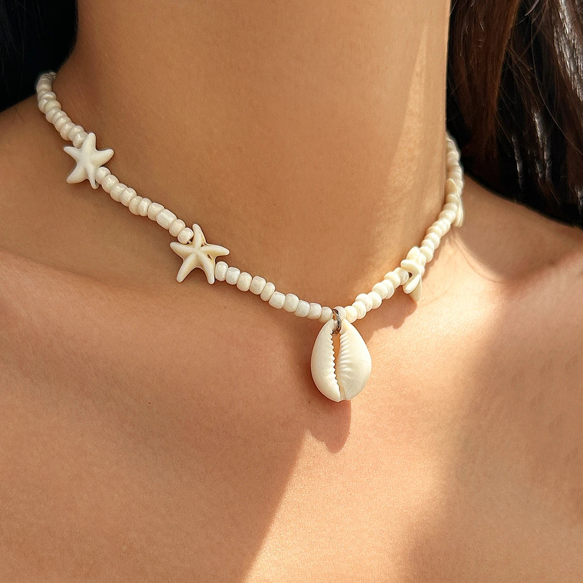 IngeSight.Z 2024 Starfish Choker Necklace for Women Men Trending White Rice Beads Clavicle Chain Necklace Summer Beach Jewelry