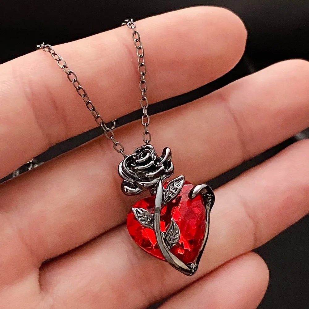 Gothic Rose Red Love Necklace Women's Y2K Jewelry Silver Color Tonebloody Human Heart Pendant Jewelry Personalized Gifts
