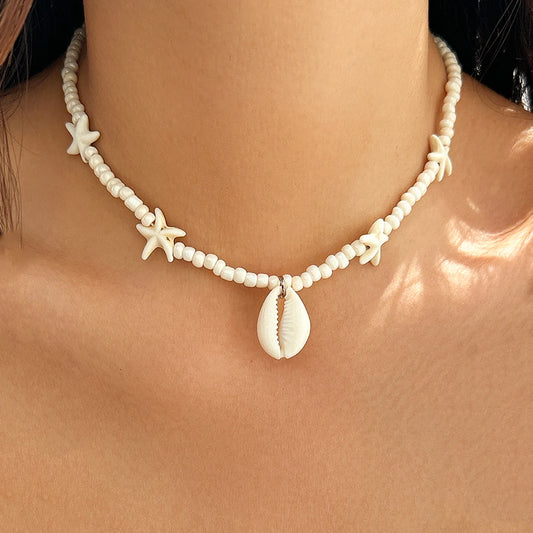 IngeSight.Z 2024 Starfish Choker Necklace for Women Men Trending White Rice Beads Clavicle Chain Necklace Summer Beach Jewelry
