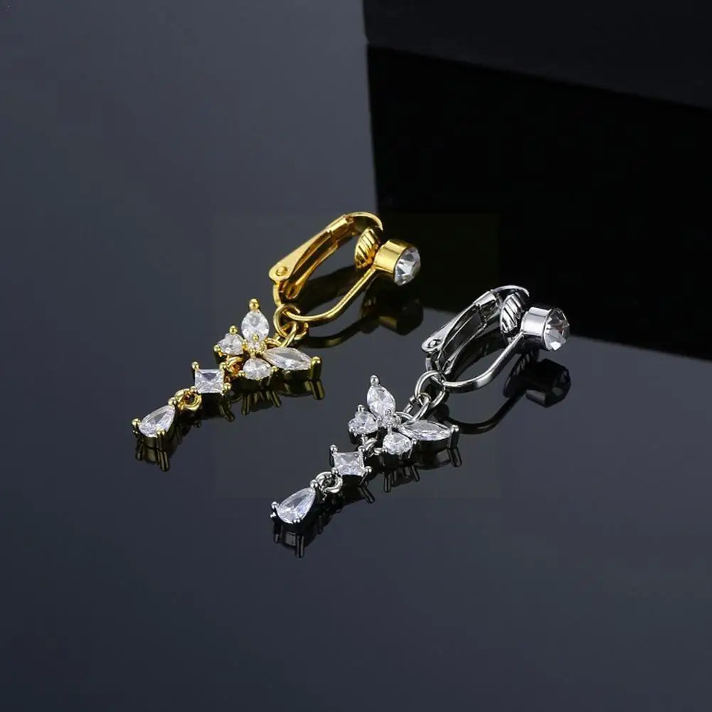 Fake Belly Butterfly Crystals Long Dangle Belly Button Rings Surgical Steel Navel Piercing Clip Umbilical Belly Body Jewelr