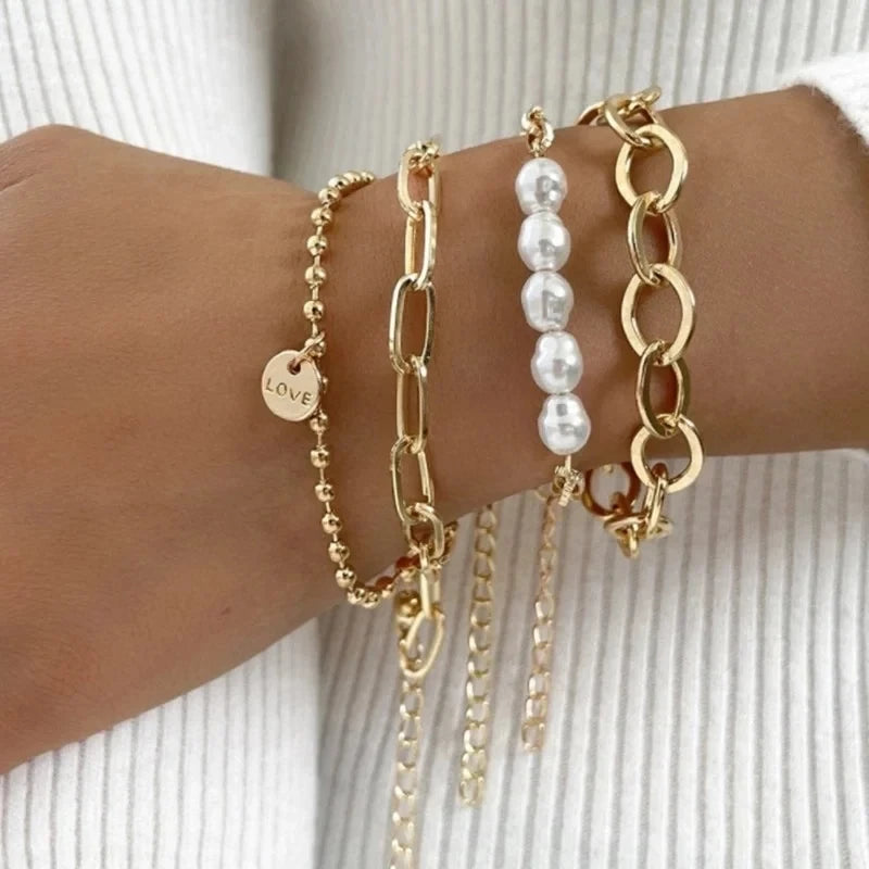 4pcs Punk Curb Cuban Chain Bracelets Set for Women Simple Thick Gold Color Charm Bracelets Fashion Jewelry Accessories New