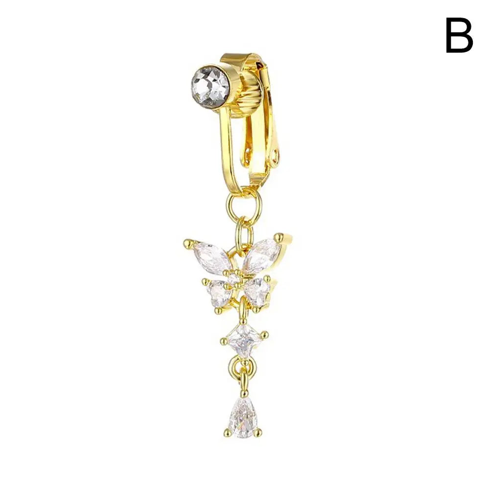 Fake Belly Butterfly Crystals Long Dangle Belly Button Rings Surgical Steel Navel Piercing Clip Umbilical Belly Body Jewelr