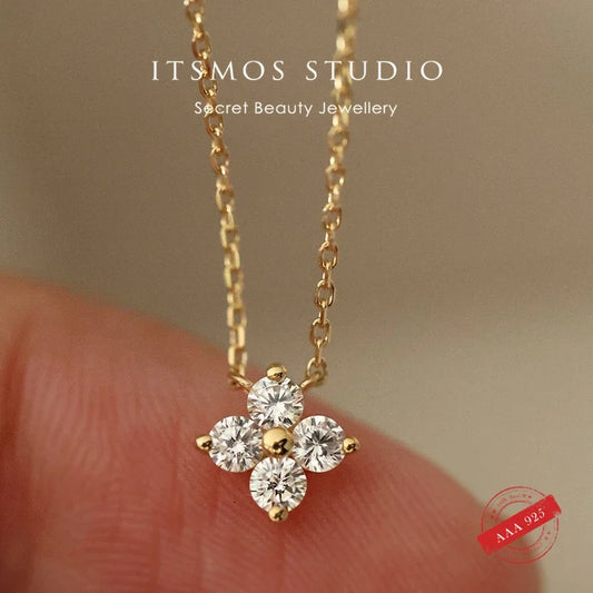 ITSMOS Solid 925 Sterling Silver Zircon Flower Diamond Pendant Necklace Dainty Simple Gold Necklace For Women Wedding Party
