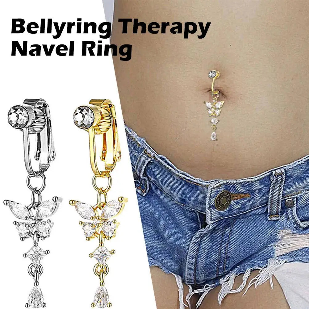 Fake Belly Butterfly Crystals Long Dangle Belly Button Rings Surgical Steel Navel Piercing Clip Umbilical Belly Body Jewelr